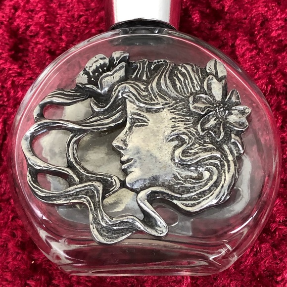 Vintage Seagull Pewter Art Nouveau Lady Face Purfume Bottle Vanity Bottle - Picture 2 of 6